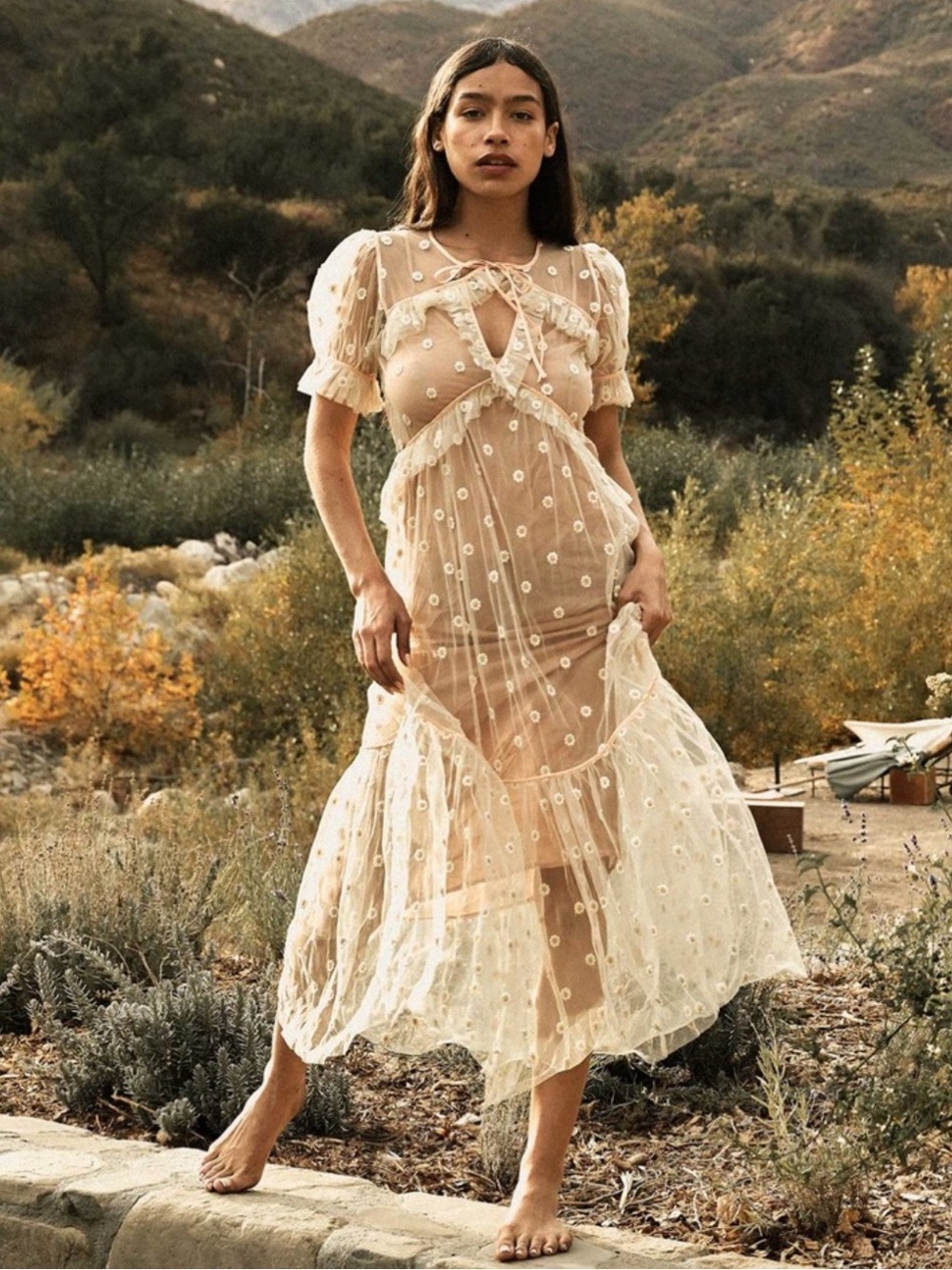 Doen Zelda Sheer Floral Dress Faded Peach